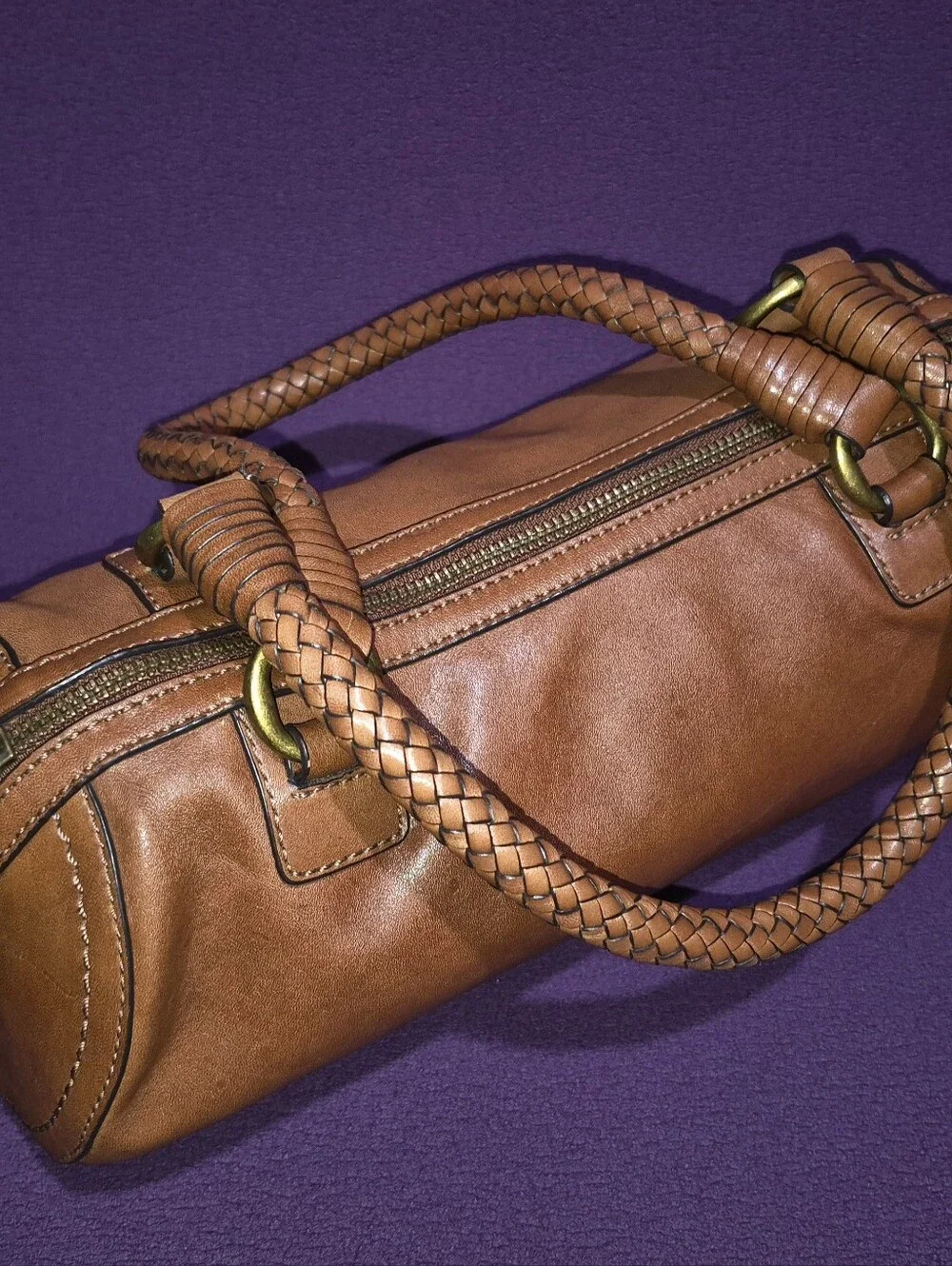 🔥Mint! Cole Haan Cognac Premium Leather Barrel Bag Braided Straps Brass Rings